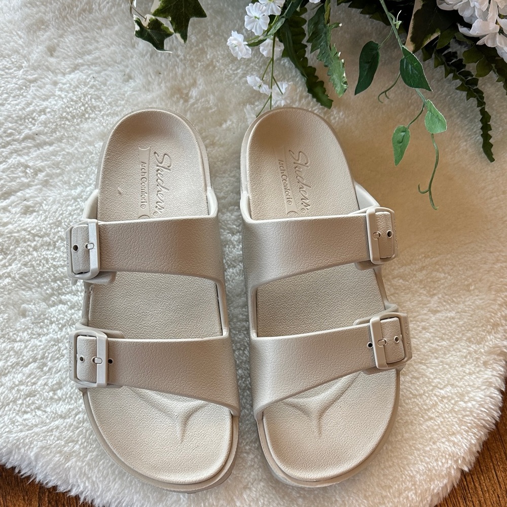 Skechers Dual-Strap Slide Sandals in Light Beige/Cream